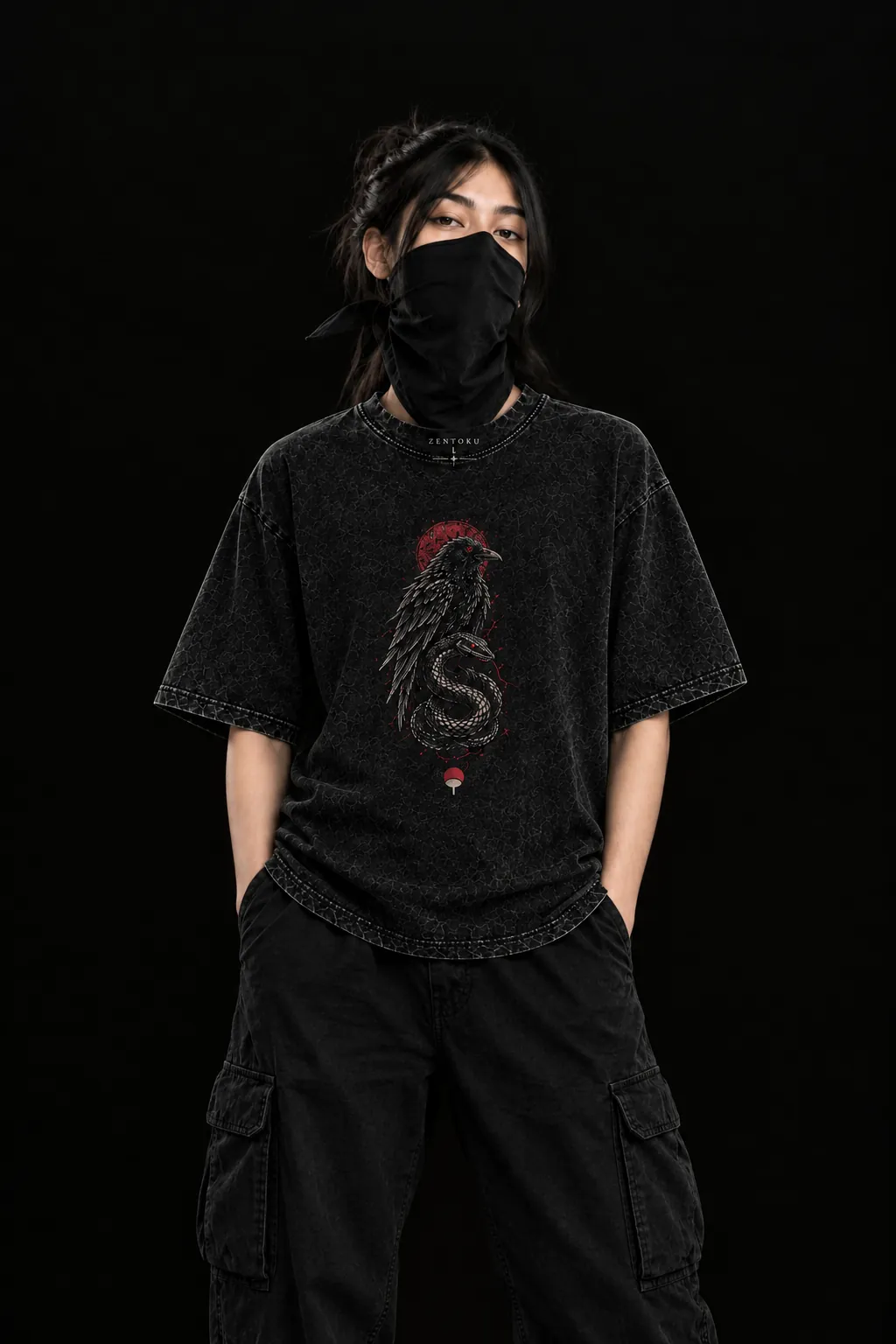 Front view of Zentoku Bound By Blood 240 GSM black acid wash oversized streetwear t-shirt with crow and serpent graphic