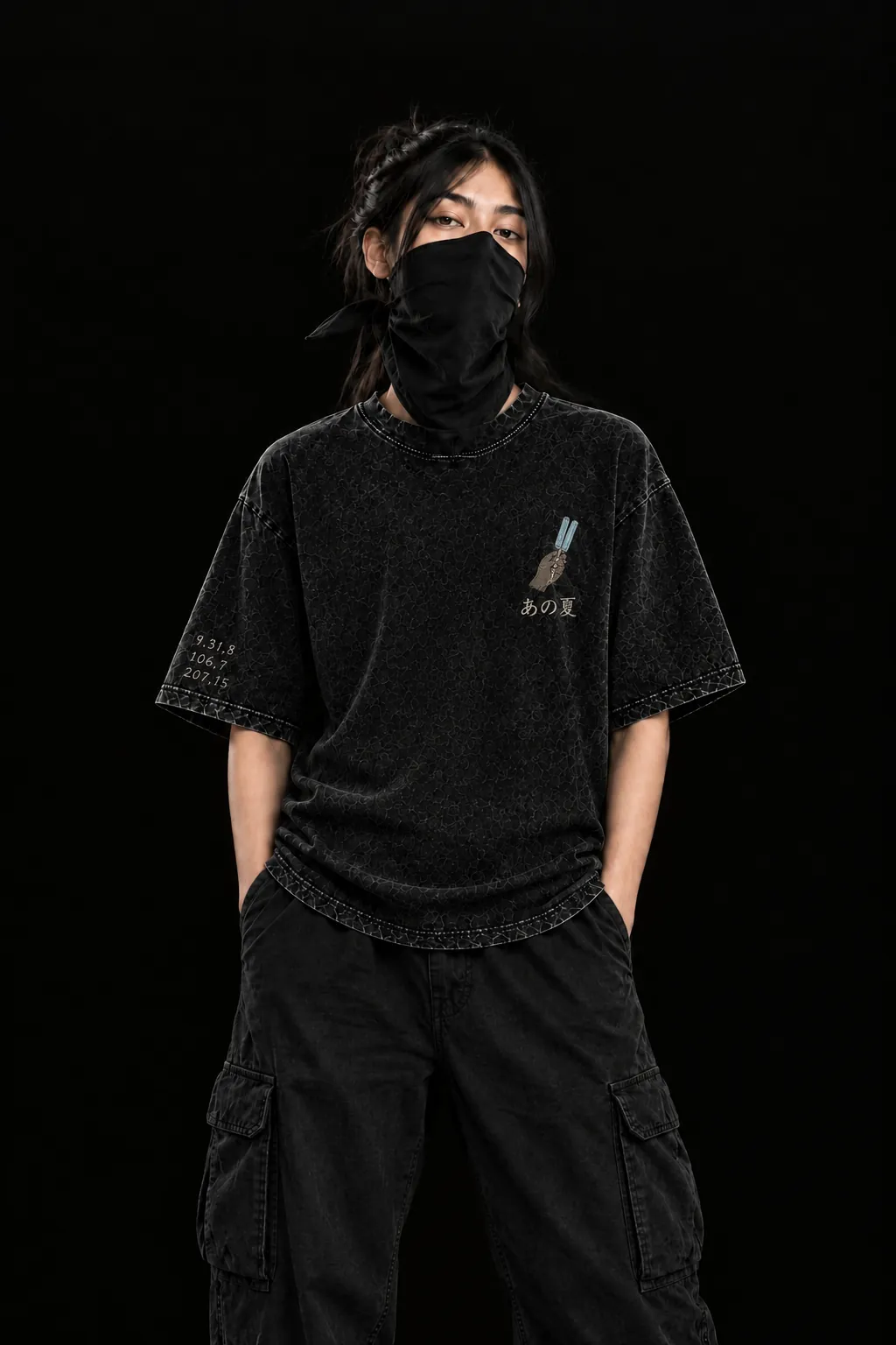 Front view of Zentoku Last Summer 240 GSM black acid wash oversized streetwear t-shirt with ice pop chest graphic and sleeve numerals