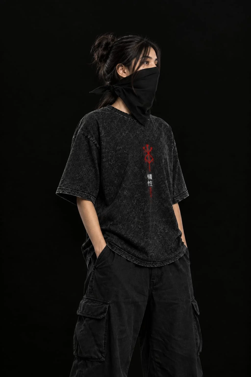 Woman wearing The Branded oversized tee with black cargos in an everyday streetwear outfit
