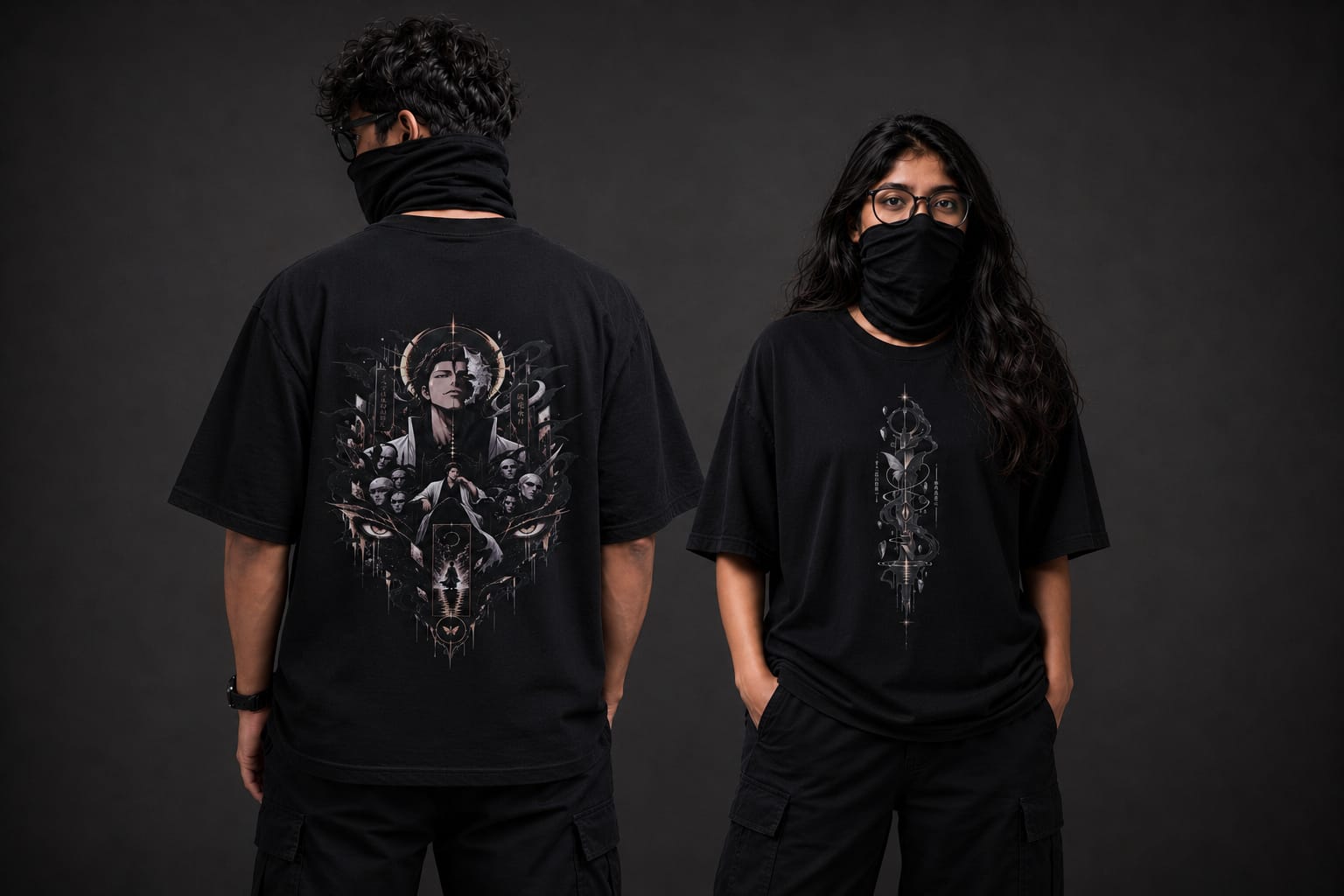 Master of Illusion tee worn front and back, with a symbolic back graphic in cyan and amber tones