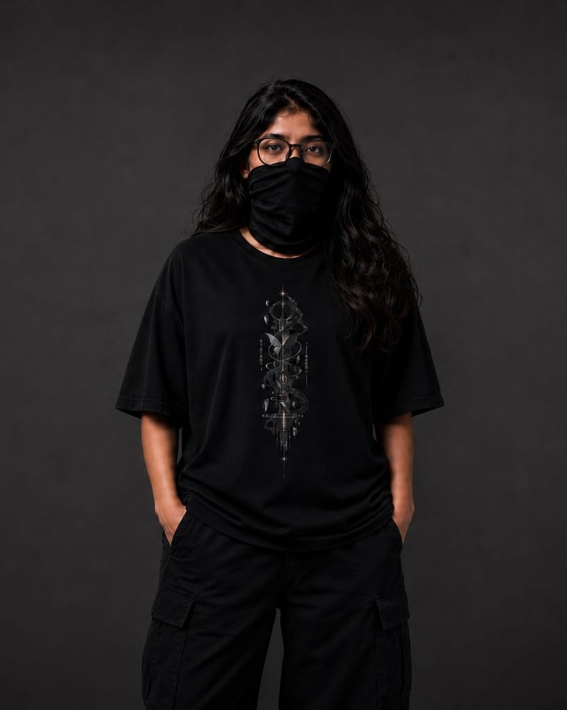 Front model view of Zentoku Master of Illusion oversized streetwear t-shirt