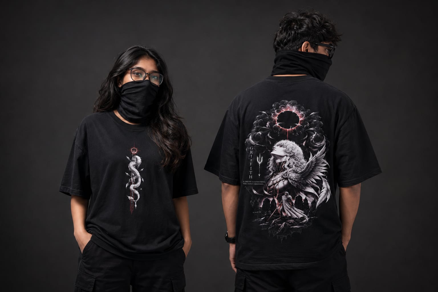 Front and back of The White Hawk oversized tee worn by two people, showing the wide body and dropped shoulders