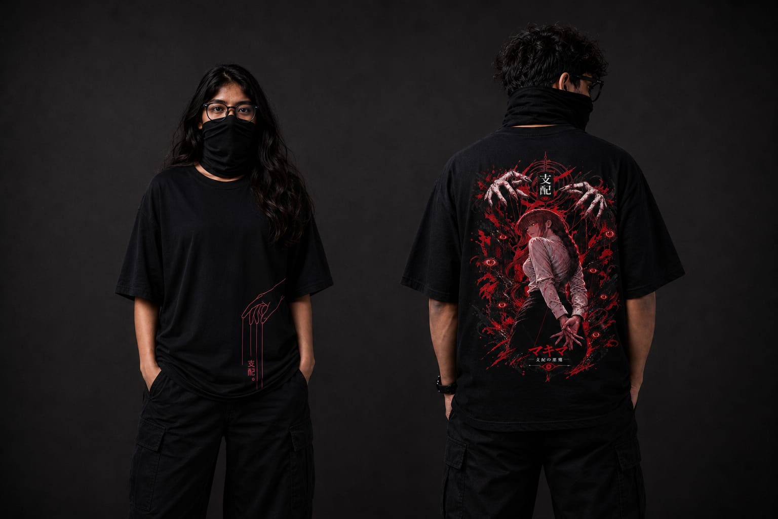 Two people wearing the Zentoku Control Devil oversized tee, one from the front and one from the back, showing the drop-shoulder fit