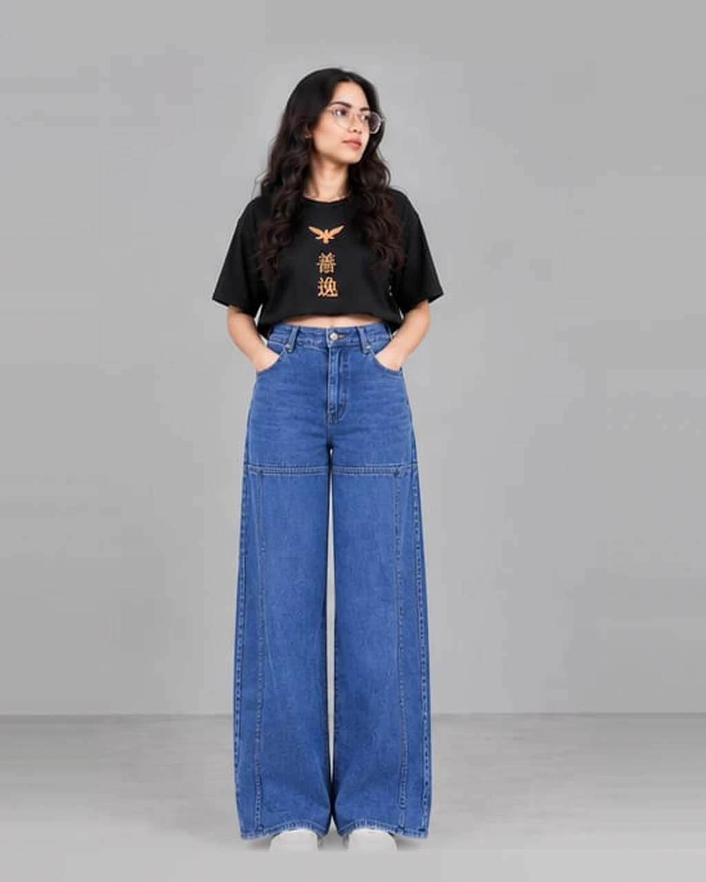 Front view of Zentoku Kinetic Indigo 14.5 OZ heavyweight architectural wide leg jeans featuring articulated knee-panel seam construction