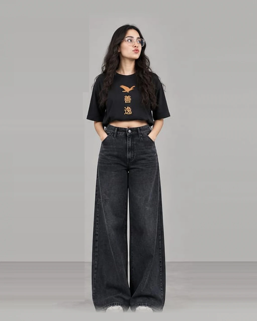 Front view of Zentoku Obsidian Charcoal 14.5 OZ acid-washed relaxed wide leg denim with rear utility pocket architecture